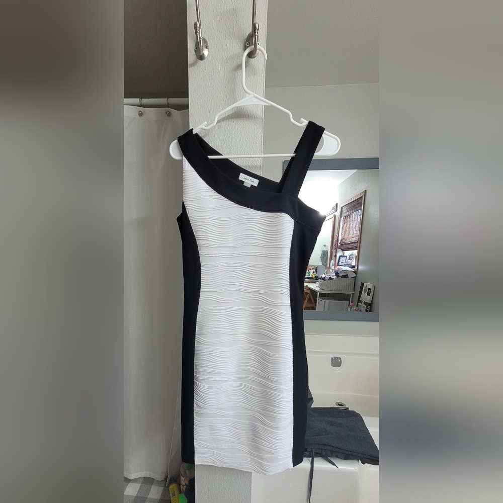 Elegant Black and White Dress From CALVIN KLEIN Fits At Knee Or Below If Petite
